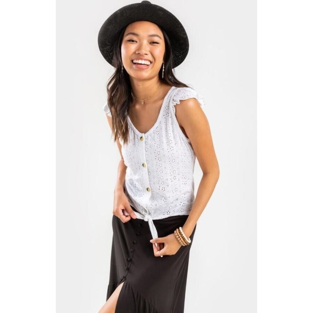 Eye Candy Francesca's M Julia Front Tie Eyelet Ruffle Sleeve Button Down Top NWT